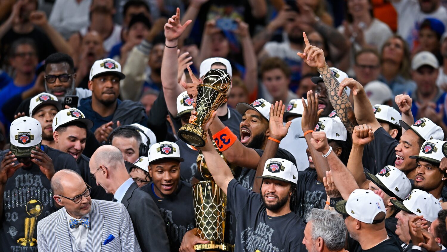 New York Knicks guard Jalen Brunson holds the MVP trophy after the Knicks defeated the San Antonio ...